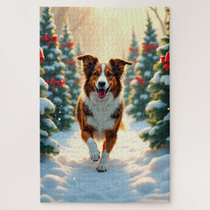 Australian Shepherd Christmas Tree Farm Painting Jigsaw Puzzle