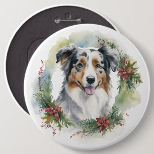 Australian Shepherd Christmas Wreath Festive Pup  6 Inch Round Button