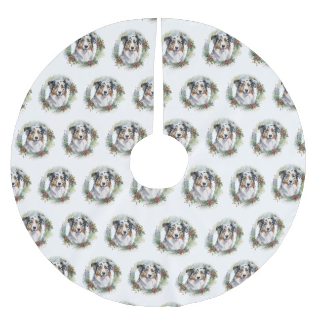 Australian Shepherd Christmas Wreath Festive Pup  Brushed Polyester Tree Skirt (Front)