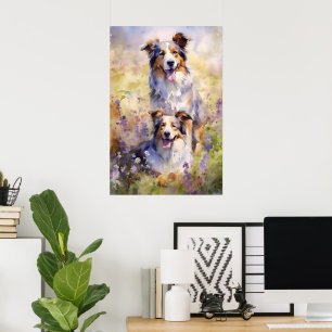 Australian Shepherd colourful watercolor artwork Poster