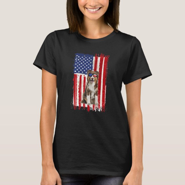 Australian Shepherd Dog American Flag Independence T-Shirt (Front)