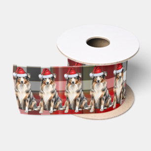 Australian Shepherd Dog and Plaid Christmas Satin Ribbon