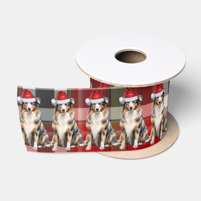 Australian Shepherd Dog and Plaid Christmas Satin Ribbon (Spool)