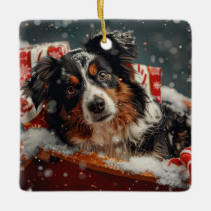Australian Shepherd Dog Christmas Festive Ceramic Ornament