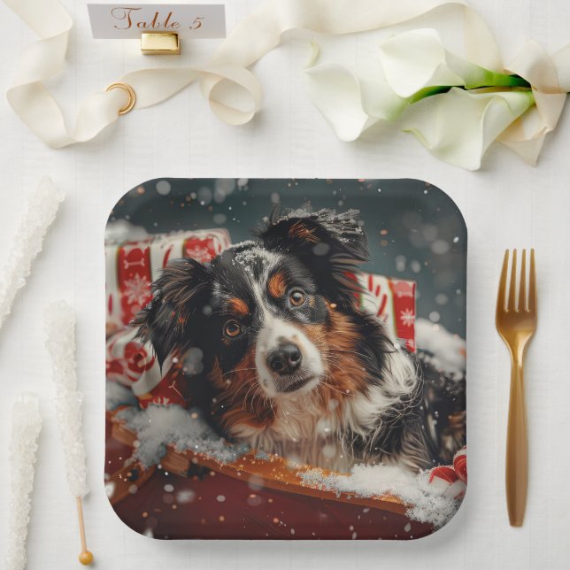 Australian Shepherd Dog Christmas Festive Paper Plate (Wedding)