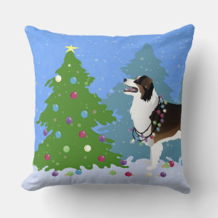 Australian Shepherd Dog Decorating Christmas Tree Throw Pillow