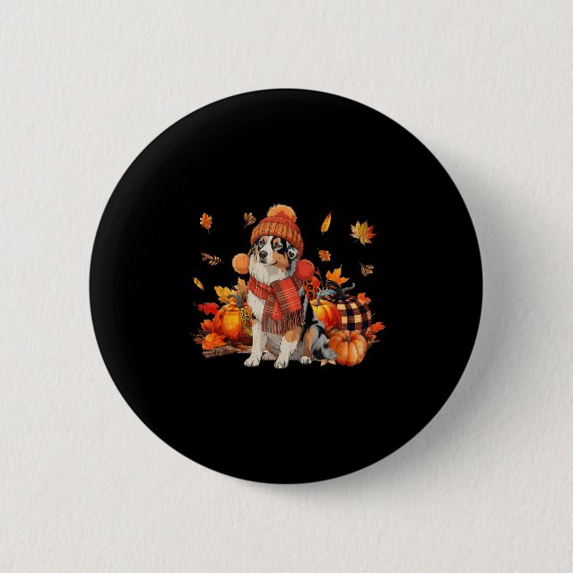 Australian Shepherd Dog Fall Scarf Leopard Pumpkin 2 Inch Round Button (Front)