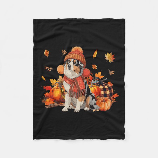 Australian Shepherd Dog Fall Scarf Leopard Pumpkin Fleece Blanket (Front)
