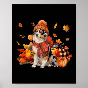 Australian Shepherd Dog Fall Scarf Leopard Pumpkin Poster