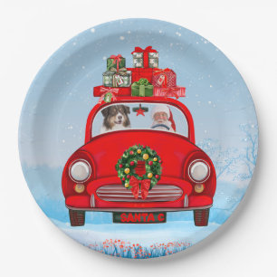 Australian Shepherd Dog In Car With Santa Claus  Paper Plate