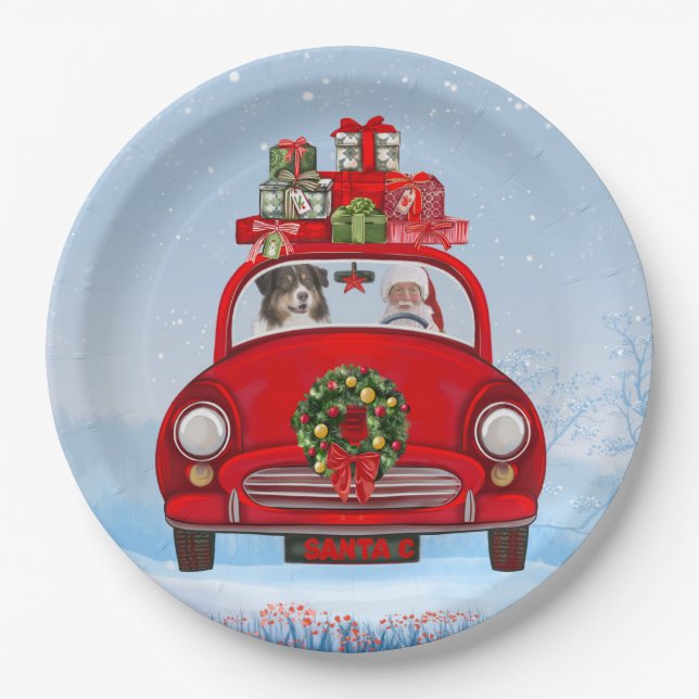 Australian Shepherd Dog In Car With Santa Claus  Paper Plate (Front)