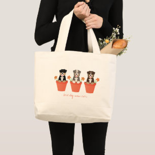Australian Shepherd Dog In Flower Pot Large Tote Bag