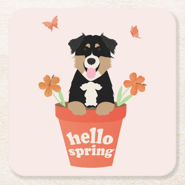 Australian Shepherd Dog In Flower Pot Square Paper Coaster (Front)
