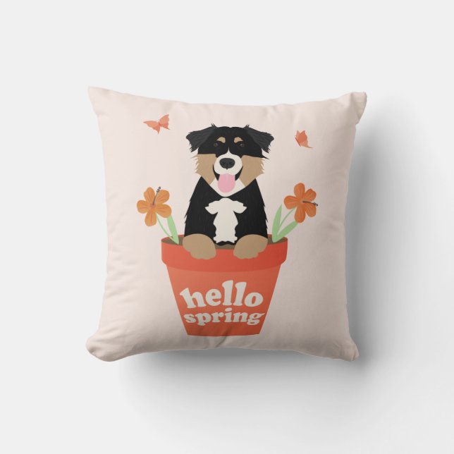 Australian Shepherd Dog In Flower Pot Throw Pillow (Front)
