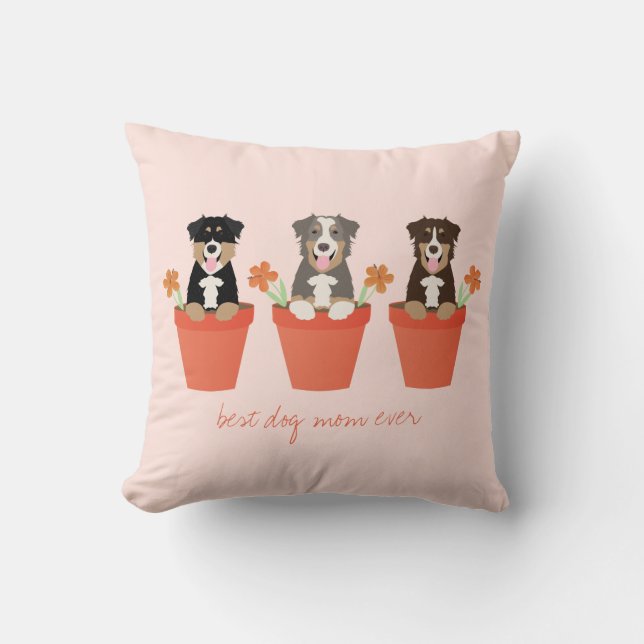 Australian Shepherd Dog In Flower Pot Throw Pillow (Front)