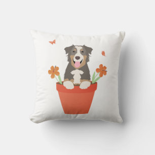 Australian Shepherd Dog In Flower Pot Throw Pillow