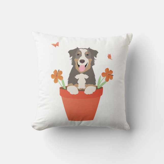 Australian Shepherd Dog In Flower Pot Throw Pillow (Front)