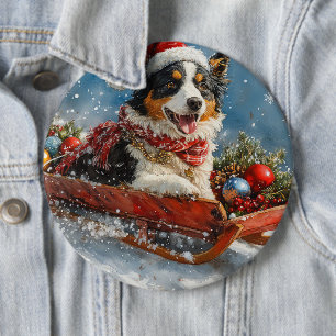 Australian Shepherd Dog in Sledge Chriistmas 6 Inch Round Button
