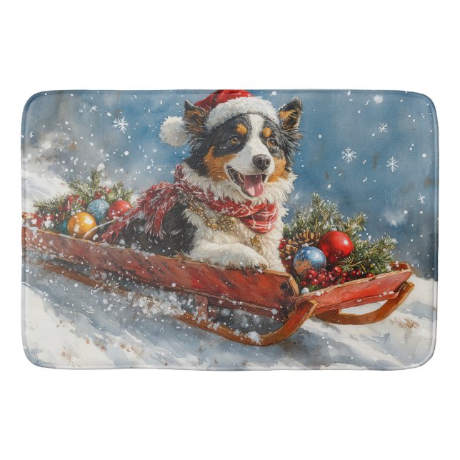 Australian Shepherd Dog in Sledge Chriistmas Bath Mat (Front)