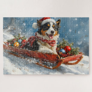 Australian Shepherd Dog in Sledge Chriistmas Jigsaw Puzzle