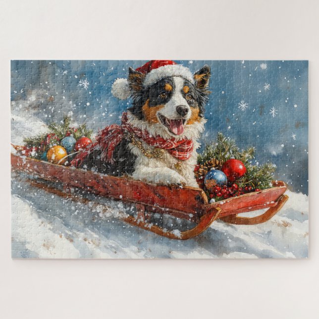 Australian Shepherd Dog in Sledge Chriistmas Jigsaw Puzzle (Horizontal)
