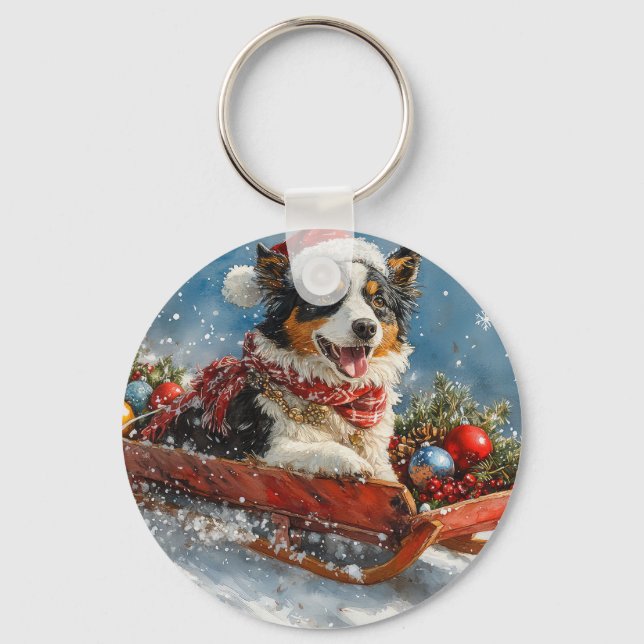 Australian Shepherd Dog in Sledge Chriistmas Keychain (Front)