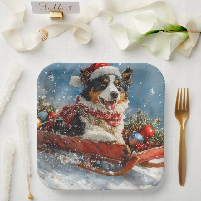 Australian Shepherd Dog in Sledge Chriistmas Paper Plate (Wedding)