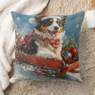 Australian Shepherd Dog in Sledge Chriistmas Throw Pillow