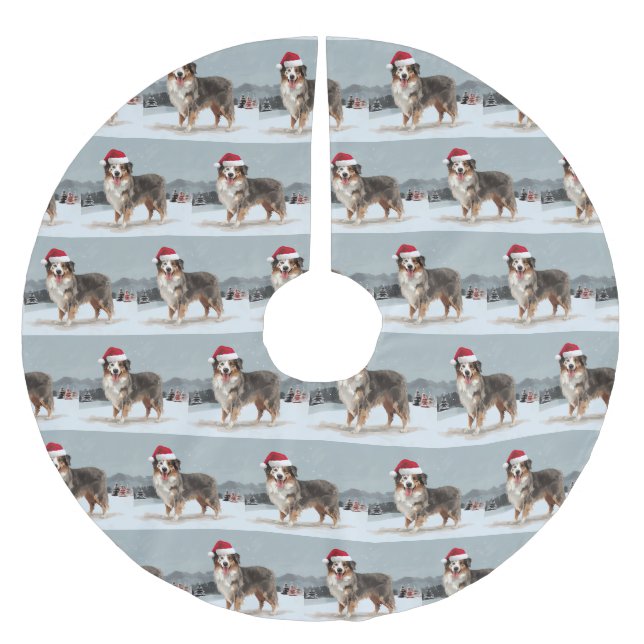 Australian Shepherd Dog in Snow Christmas  Brushed Polyester Tree Skirt (Front)