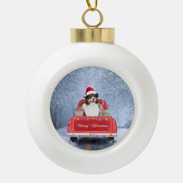 Australian Shepherd Dog in Snow Christmas Ceramic Ball Christmas Ornament (Front)