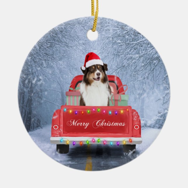 Australian Shepherd Dog in Snow Christmas Ceramic Ornament (Front)