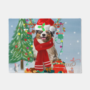 Australian Shepherd Dog in Snow Christmas Doormat