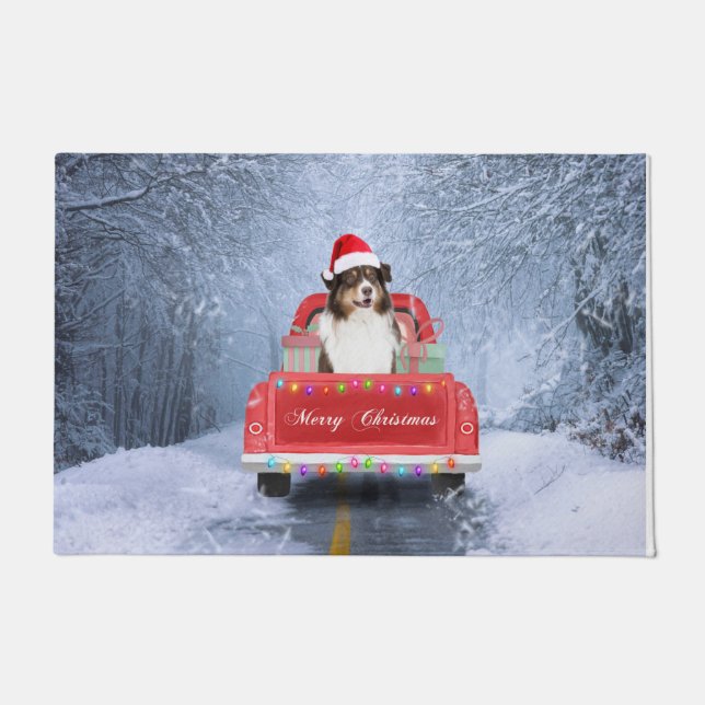 Australian Shepherd Dog in Snow Christmas Doormat (Front)
