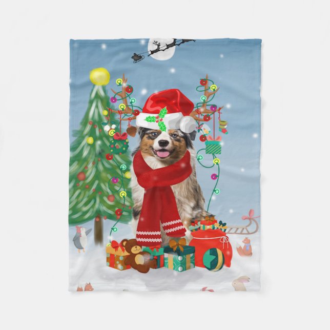 Australian Shepherd Dog in Snow Christmas Fleece Blanket (Front)