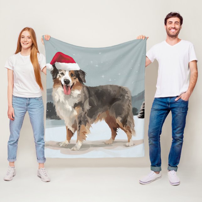 Australian Shepherd Dog in Snow Christmas  Fleece Blanket (In Situ)