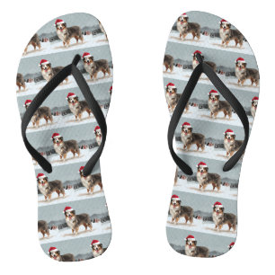 Australian Shepherd Dog in Snow Christmas  Flip Flops