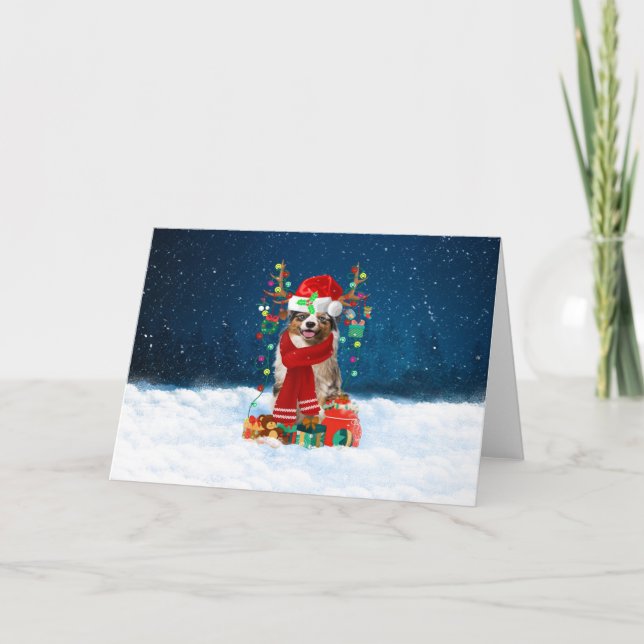 Australian Shepherd Dog in Snow Christmas Gift Card (Front)