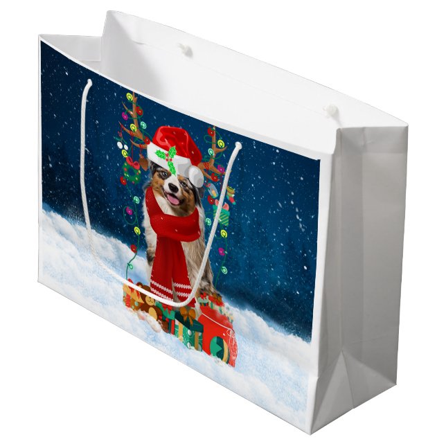 Australian Shepherd Dog in Snow Christmas Gift  Large Gift Bag (Front Angled)