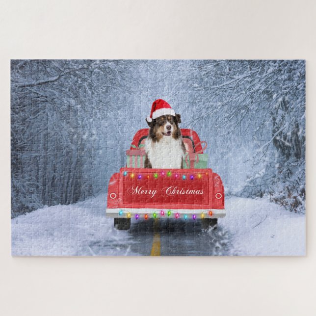 Australian Shepherd Dog in Snow Christmas Jigsaw Puzzle (Horizontal)