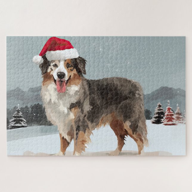 Australian Shepherd Dog in Snow Christmas  Jigsaw Puzzle (Horizontal)