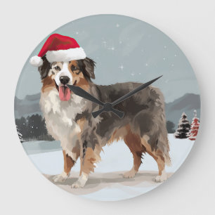 Australian Shepherd Dog in Snow Christmas  Large Clock