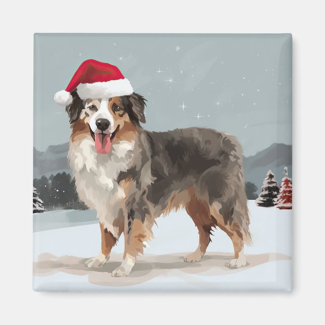 Australian Shepherd Dog in Snow Christmas  Magnet (Front)
