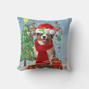 Australian Shepherd Dog in Snow Christmas  Throw Pillow