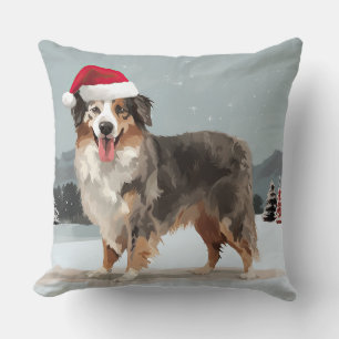 Australian Shepherd Dog in Snow Christmas Throw Pillow