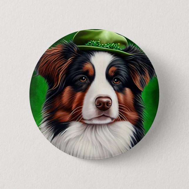 Australian Shepherd dog in St. Patrick's Day Dress 2 Inch Round Button (Front)
