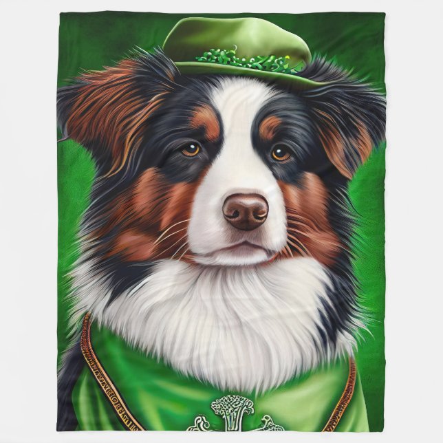 Australian Shepherd dog in St. Patrick's Day Dress Fleece Blanket (Front)