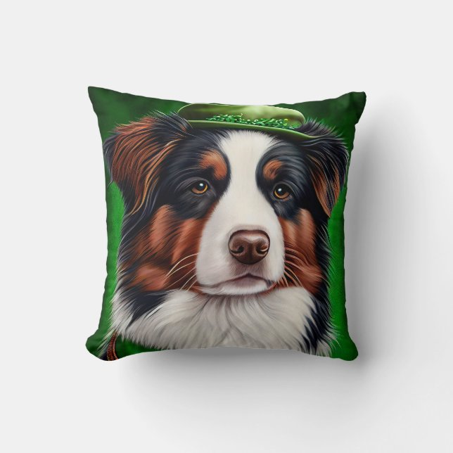 Australian Shepherd dog in St. Patrick's Day Dress Throw Pillow (Front)