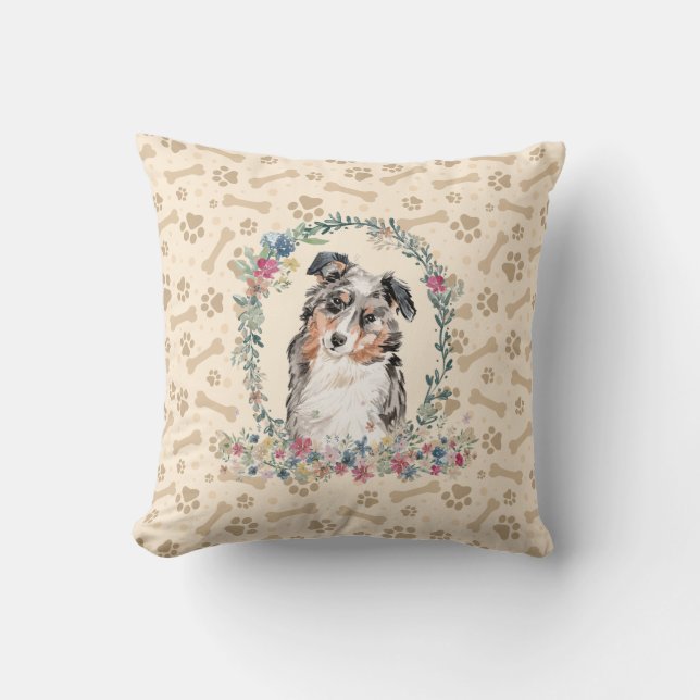 Australian Shepherd Dog Paw Print & Floral Cute Throw Pillow (Front)