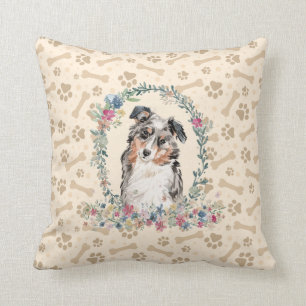 Australian Shepherd Dog Paw Print & Floral Cute Throw Pillow