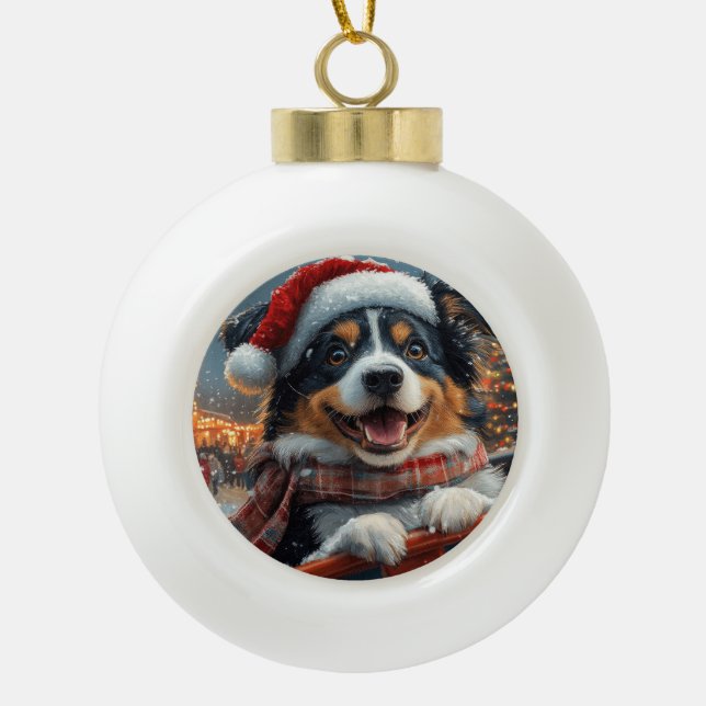 Australian Shepherd Dog Roller Coaster Christmas Ceramic Ball Christmas Ornament (Front)